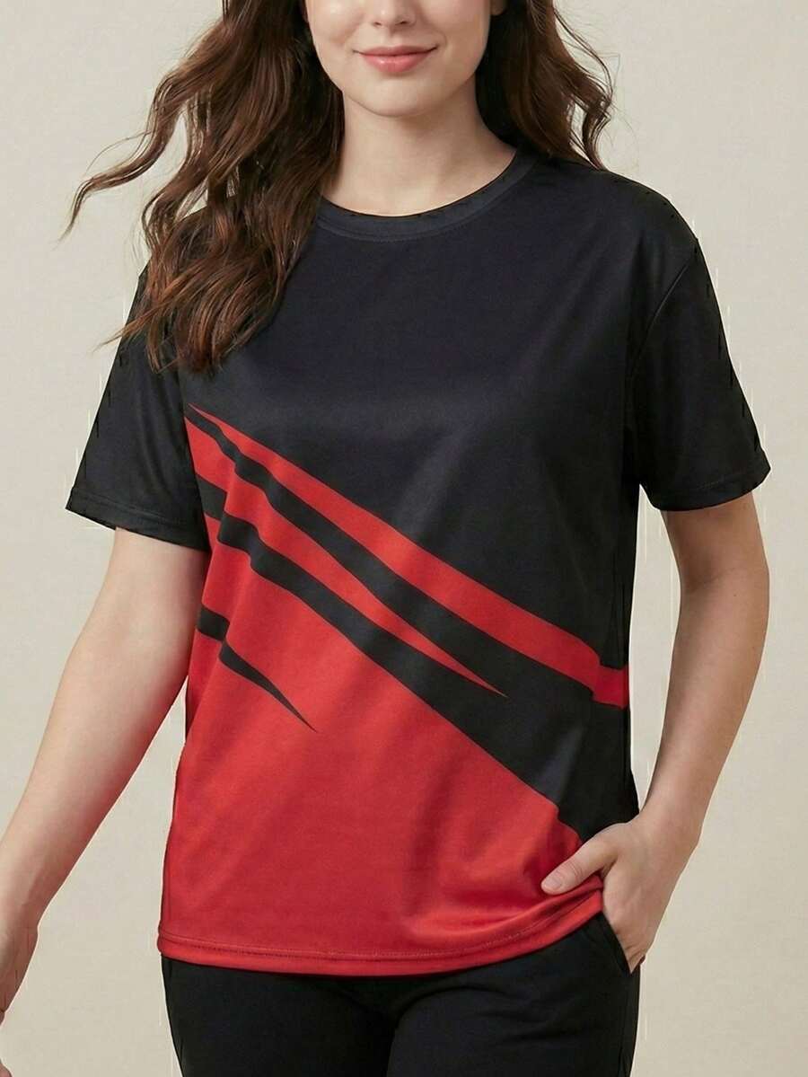 抽象印花T恤女款,红色斜纹图案T恤,前卫街头风上衣,团队运动衫,大胆设计夏季运动服 - 紅色 - 查看 1