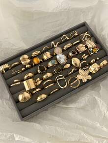 Bộ 20/15/10 chiếc nhẫn thời trang tối giản, thanh lịch, thiết kế cổ điển với họa tiết hình học hoa, ngọc trai giả, đá mắt hổ giả, đá quý giả, sóng, chữ thập, giọt nước, hình tròn trơn, kim loại bản rộng, thích hợp cho các dịp lễ, tiệc tùng, hẹn hò, đeo hàng ngày hoặc làm quà tặng. - Vàng - Xem 8