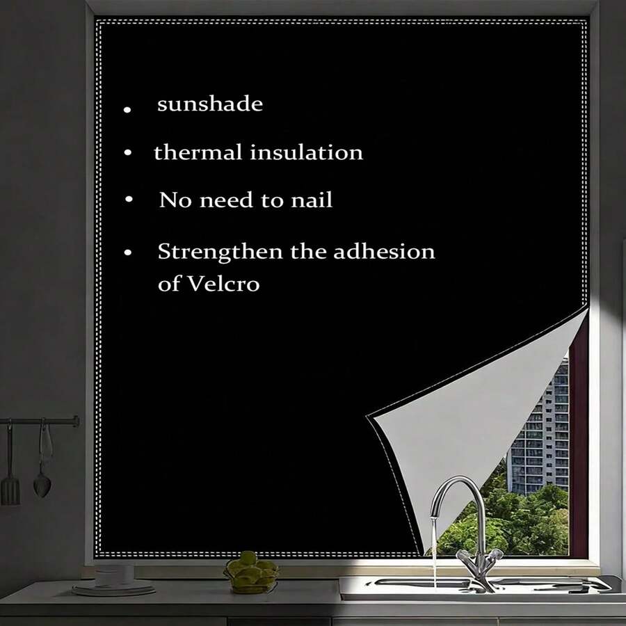 1pc Magic Tape Blackout Curtain, 2026 New Thermal Insulation Sunscreen Fabric, No Drilling Required Self-Adhesive Window Shade, Suitable For Bedroom, Living Room, Kitchen And Multi-Function Blackout Cloth - Black - View 1