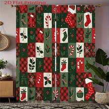 2D Flat, 2pcs, 2D Flat Printed Curtains With Christmas Pattern In Red And Green, Featuring Candy Cane And Holly Designs, Rod Pocket Style, Velvet Fabric, For Living Room, Bedroom, Study, Kitchen, Or Patio, Fabric Weight 180-200g, 2D Flat - 2pcs - View 2