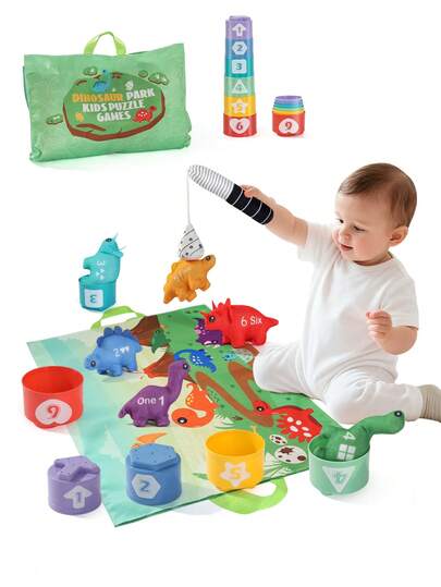 Bộ đồ chơi tương tác hình khủng long câu cá hoạt hình cho trẻ em, bộ đồ chơi khủng long câu cá có móc và vòng, đồ chơi giáo dục sớm ghép số và màu sắc cho bé trai và bé gái, túi đựng có thể gấp gọn, thích hợp làm quà tặng cho tiệc tùng, quà tặng ngày thiếu nhi (không có nam châm)
