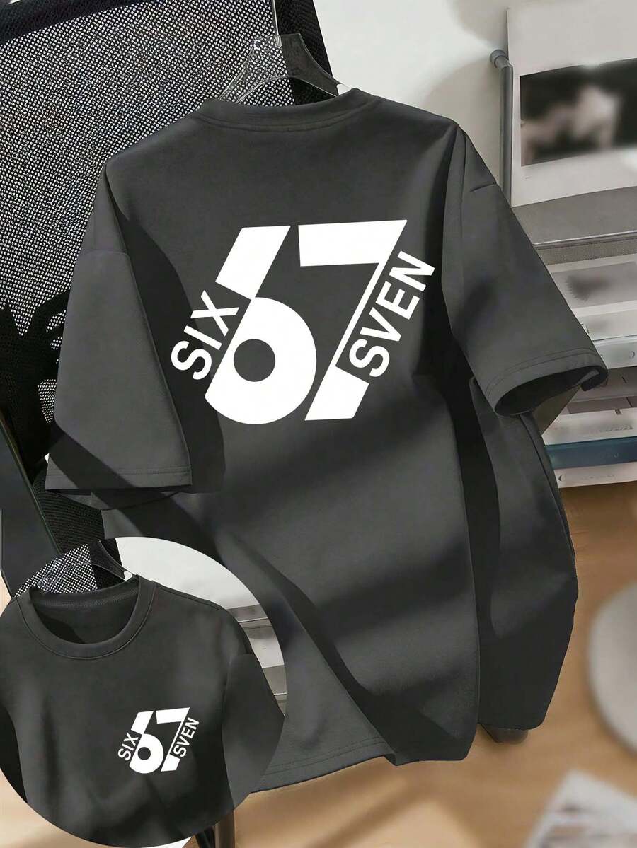 Tween Boy "67" Funny Number Graphic Fashion Boys' Summer Short Sleeve T-Shirt, Suitable For Casual, School, And Street Wear - Dark Grey - View 1