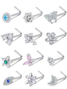 12Pcs Hypoallergenic Stainless Steel 20G Nose Rings & Studs Set With AAA+ Cubic Zirconia & Multi-Style (Butterfly, Flower, Crown) Charms For Women Daily Wear, Piercing Jewelry & Valentine's Day Gift - Style a - View 8