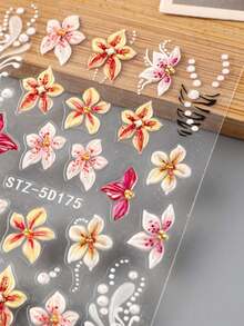 2片装5D立体盛开芙蓉花春季美甲贴纸，果冻压制花瓣，法式线条珠子美甲贴花，软雕婚礼美甲用品，DIY节日美甲装饰 - 彩色 - 查看 8