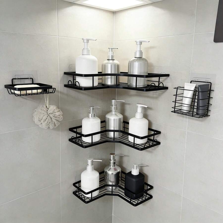 Bathroom Corner Shelf Set Of Five Pieces, Self-Adhesive Stainless Steel Material, No Drilling Required, Rustproof And Durable, Pink Bathroom Decor Accessories, Shampoo And Body Wash Storage Basket, Large Capacity Hollow Circular Design. - màu đen - Xem 1