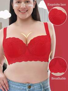 Plus Size Lace Floral Underwire Bra - Comfortable Wide Straps, Full Coverage Design, Delicate Lace Details, Sexy & Elegant, Shaping - Red - View 5