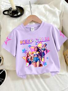 Tween Girls Group Design Print Round Neck Short Sleeve T-Shirt + Girl Group & Letter Print Flare Pants Casual Comfortable Summer New Set For Girls - Multicolor - View 2
