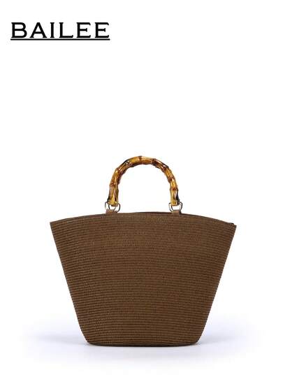 BAILEE 1 chiếc túi tote dệt sọc kaki quai tre, khóa kéo, họa tiết hình thoi, phối màu, túi đi biển nhẹ, xách tay, dung tích lớn, túi công sở cho nữ, quà tặng ngày Nhà giáo, quà tặng công sở, ngày lễ, hoạt động ngoài trời, thể thao mùa hè.
