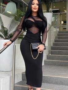 Nuevos colores sólidos malla manga larga cuello redondo slim fit cintura alta bolsa cadera vestido largo medio moda - Negro - Ver 3