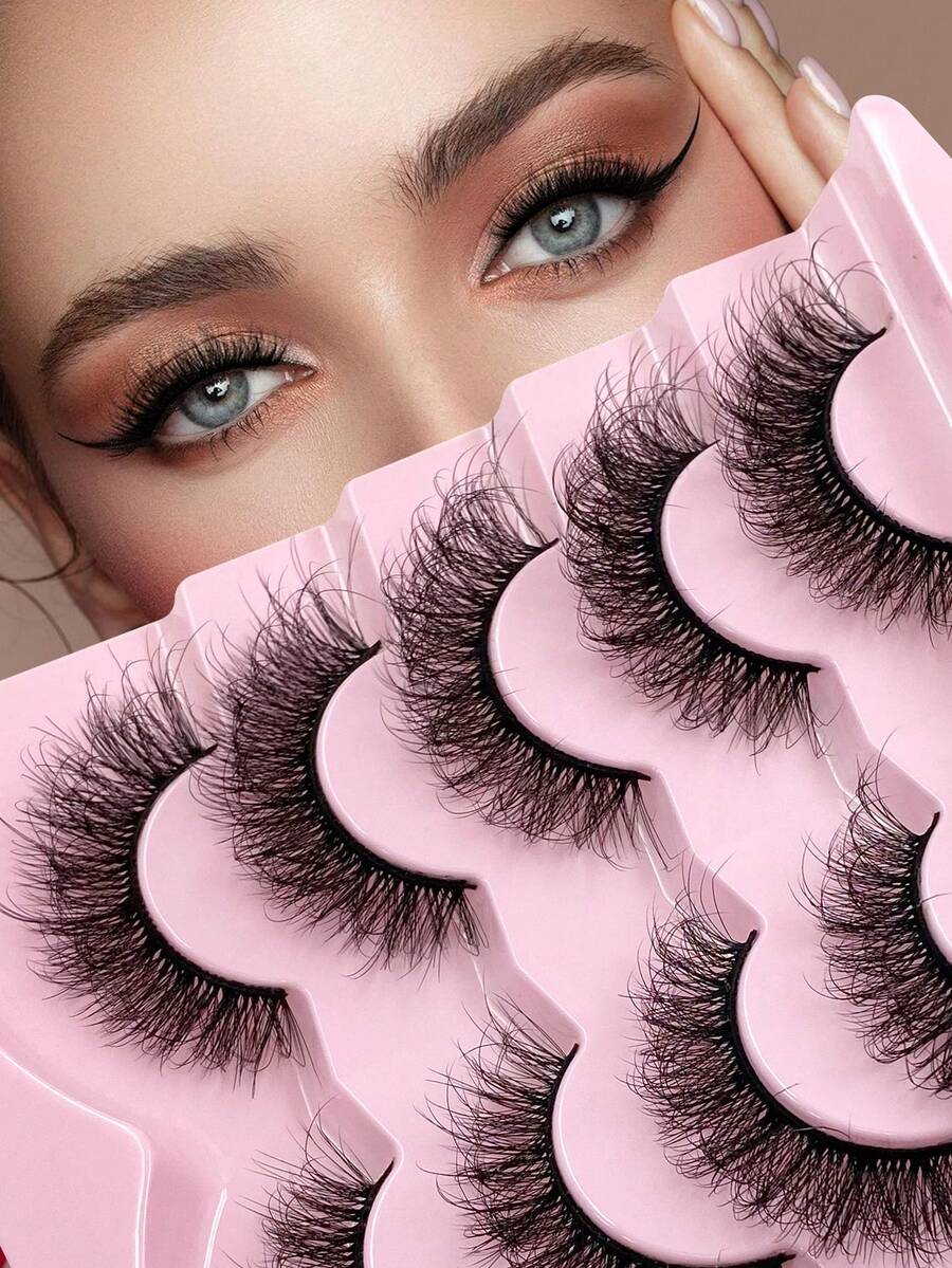 ENCHUW 5 Pairs 3D Fake Eyelashes Natural Lashes Natural Look Short False Eyelashes Pack Reusable False Lashes Soft Wispy Lashes Fluffy Eye Lashes - Black - View 1