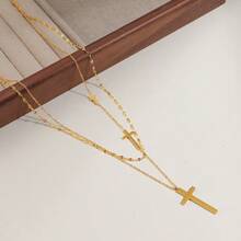 18K镀金双层十字项链，时尚精致不锈钢女士首饰 - 金色 - 查看 5