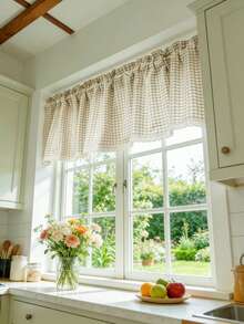 1pc Farmhouse Style Plaid Pattern Linen Short Curtain, Unique Crochet Lace Trim Decor, Cafe Style Curtain With Rod Pocket Top, Suitable For Kitchen & Bathroom Windows - Khaki - View 4