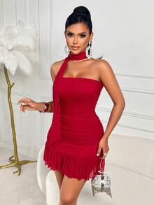 Elegant Strapless Tie Bustier Ruched Ruffle Hem Short Dress, Autumn Red Mesh Bodycon Mini Dress For Women, Suitable For Wedding Guest, Party, Banquet And Christmas Wear - Dark Red - View 3