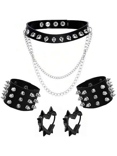 Leather Spike Jewelry Set For Women Inclding Gothic Rivet Choker Necklace Studded Cuff Bracelets Heart Hoop Earrings Punk Rock Jewelry For Men Women