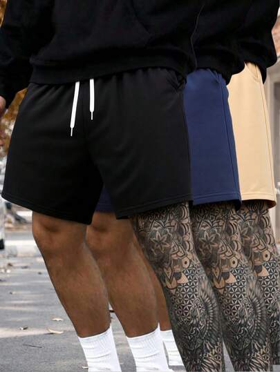 Men's Solid Color Sports Shorts With Drawstring Waist And Side Pockets, Suitable For Running, Fitness And Other Workouts