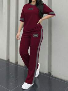 2pcs Women's Spring/Autumn Round Neck Short Sleeve T-Shirt And Elastic Waist Loose Pants Set, Casual Daily Wear - Burgundy 199 - Xem 3