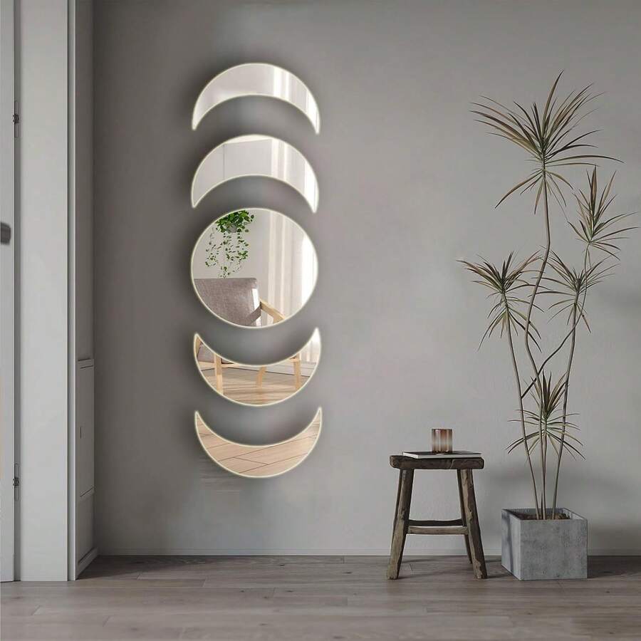 5 Acrylic Mirror Wall Stickers - Self Adhesive Moon Phase Mirrors - Bohemian Decor Home, Living Room, Bathroom, Bedroom (15cm) - 多色 - 查看 1