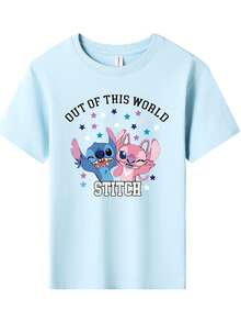 Disney Stitch And Angel Printed Pattern T-Shirts For Girls - Children's Clothing Design Short-Sleeved Casual And Cute Style Comfortable And Casual Wear All Year Round Suitable For Parties And Play Machine Washable Gift Children's Clothing Girls' Short-Sleeved Shirts - Baby Blue - View 2