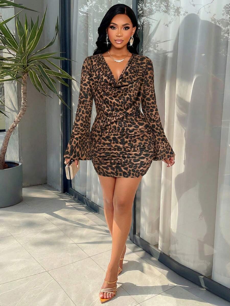 AIJ Amarilo Sexy Casual Pleated Short Knit Dress, With Elegant High Collar Design And Flared Sleeves, Suitable For Women - Leopard Print - View 1