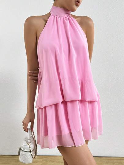 1pc Solid Color Casual Sexy Elegant Party Knit Fabric Backless Ruffle Layered Cake Dress, Suitable For Date Night, Vacation, Singles Party, All Seasons Pink Summer
