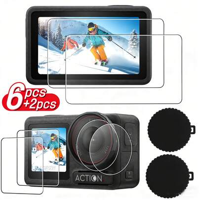 6pcs + 2pcs Tempered Glass Screen Protector And Lens Cover Set For Osmo Action 6/5 Pro Action3/4, Includes 6 Pieces Of Ultra-Clear Tempered Glass Screen Protectors And 2 Silicone Lens Caps, Suitable For Action 6/5/4/3 Accessories, Anti-Scratch, Bubble-Free, High Hardness, Ideal For Vloggers, Creators And Photography Enthusiasts.