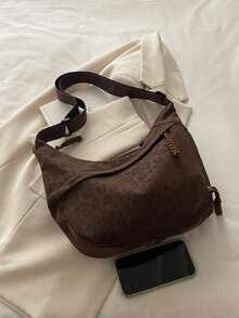 Casual Minimalist Crescent Zipper Shoulder Bag, Solid Color Versatile Crossbody Bag - Brown - View 3