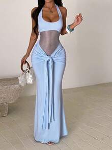 Sedessea Summer Dress, Blue Sexy See-Through Halter Tie Elegant Party Dress For Women, Dates, Gatherings, Parties, Travel, Vacation, Beach Wedding Spring - Baby Blue - View 8