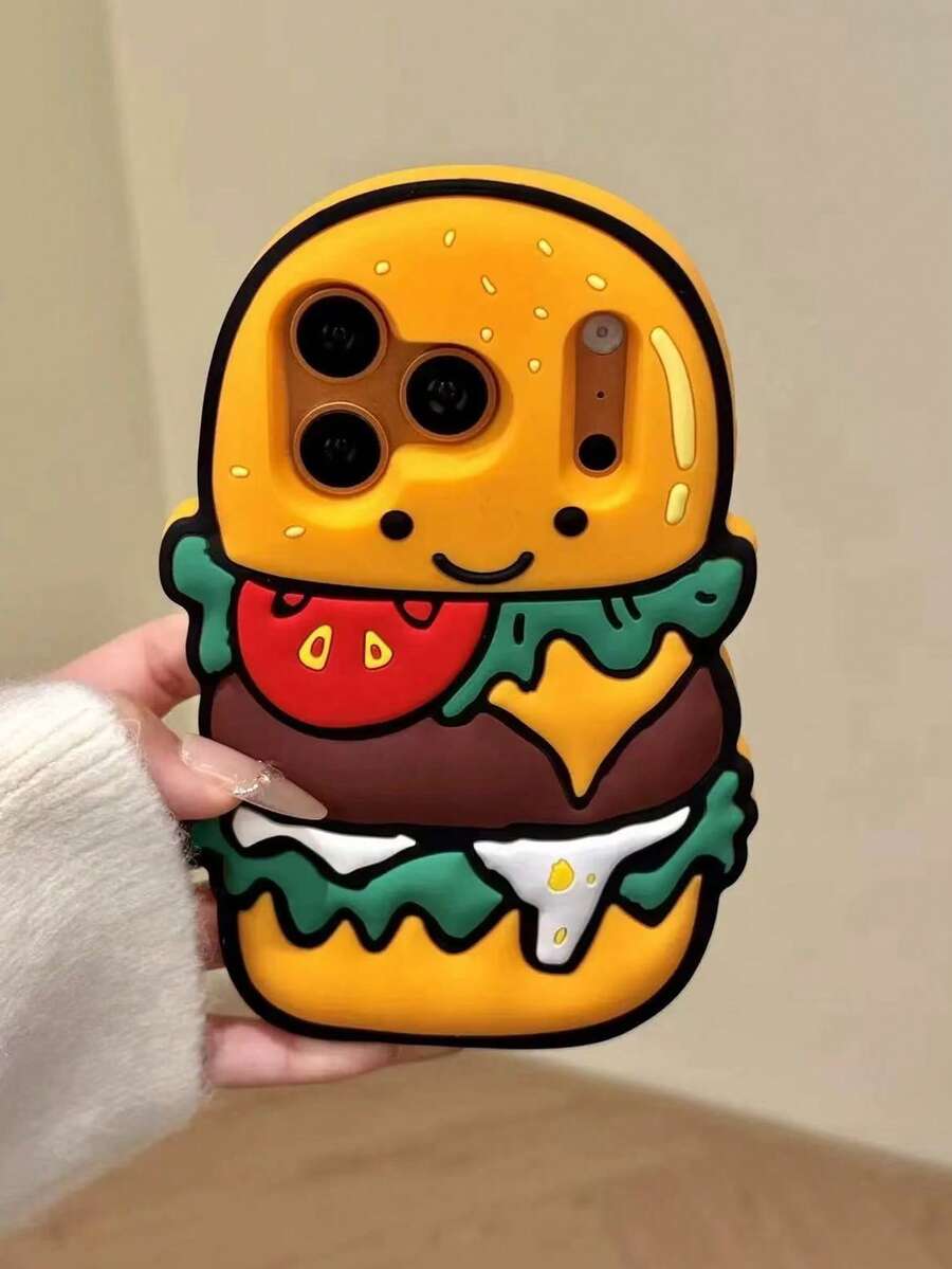 Funda de teléfono con expresión de hamburguesa sonriente en 3D, compatible con iPhone 17 Pro Max, con cobertura completa y protección, funda de silicona suave compatible con iPhone 16, 15, 14 - Naranja Coral - Ver 1