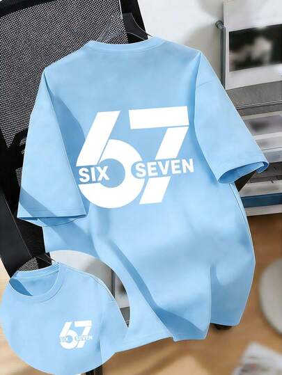 男童“67”图案印花T恤，时尚男童夏季短袖T恤，适合休闲、上学和街头穿着。