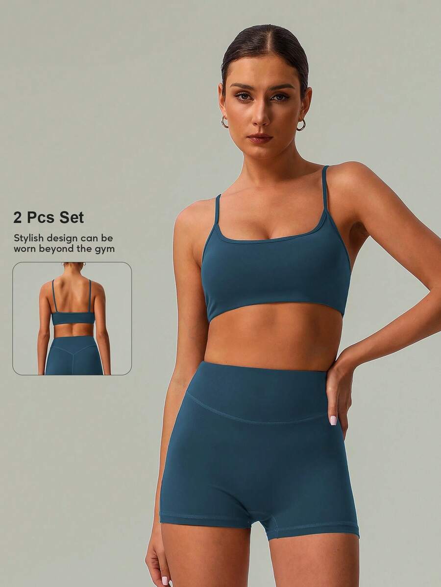 2 PCS CO Ord Set Women's Classic Spaghetti Strap Backless Sports Bra And High Waist Deep V Butt Lift Line Running Fitness Cycling Short - 藍色 - 查看 1