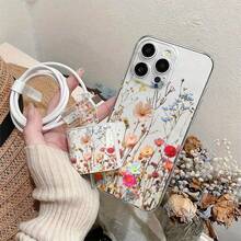 5-In-1 Transparent Floral Pattern Phone Case Set: Phone Case + Charger Head Cover + Cable Protector + Storage Cord, TPU Shockproof Protective Cover For Apple Phones - Clear - View 3