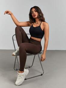 Women's Solid Color Wide Waist Leggings Spring - Coffee Brown - View 6