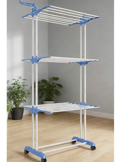 Suport de haine pliabil, durabil, cu 3 niveluri: cadru + roți, economisește spațiu, potrivit pentru utilizare în interior și exterior, umerașe cu mai multe niveluri, suporturi pentru prosoape și uscătoare de haine. Suport de rufe și uscător pliabil care economisește spațiu, cărucior silențios și sistem de suporturi de haine cu 3 niveluri pentru paltoane/cămăși/lenjerie intimă și uscătoare de haine.