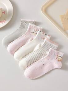 4 pares de calcetines de tobillo para mujer con diseño de conejo y lazo, transpirables y lindos, calcetines invisibles tipo barco, en colores blanco y rosa, adecuados para uso casual diario, colores aleatorios, aptos para primavera, verano, otoño e invierno - Ver 6