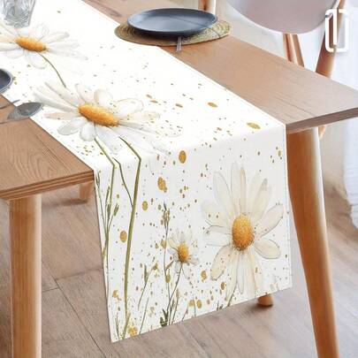 1件优雅向日葵金色圆点桌旗，白色底，绿色茎秆，金色装饰，适合节日聚会、家居厨房装饰和礼品赠送，节日餐桌装饰，花卉桌布，涤纶材质