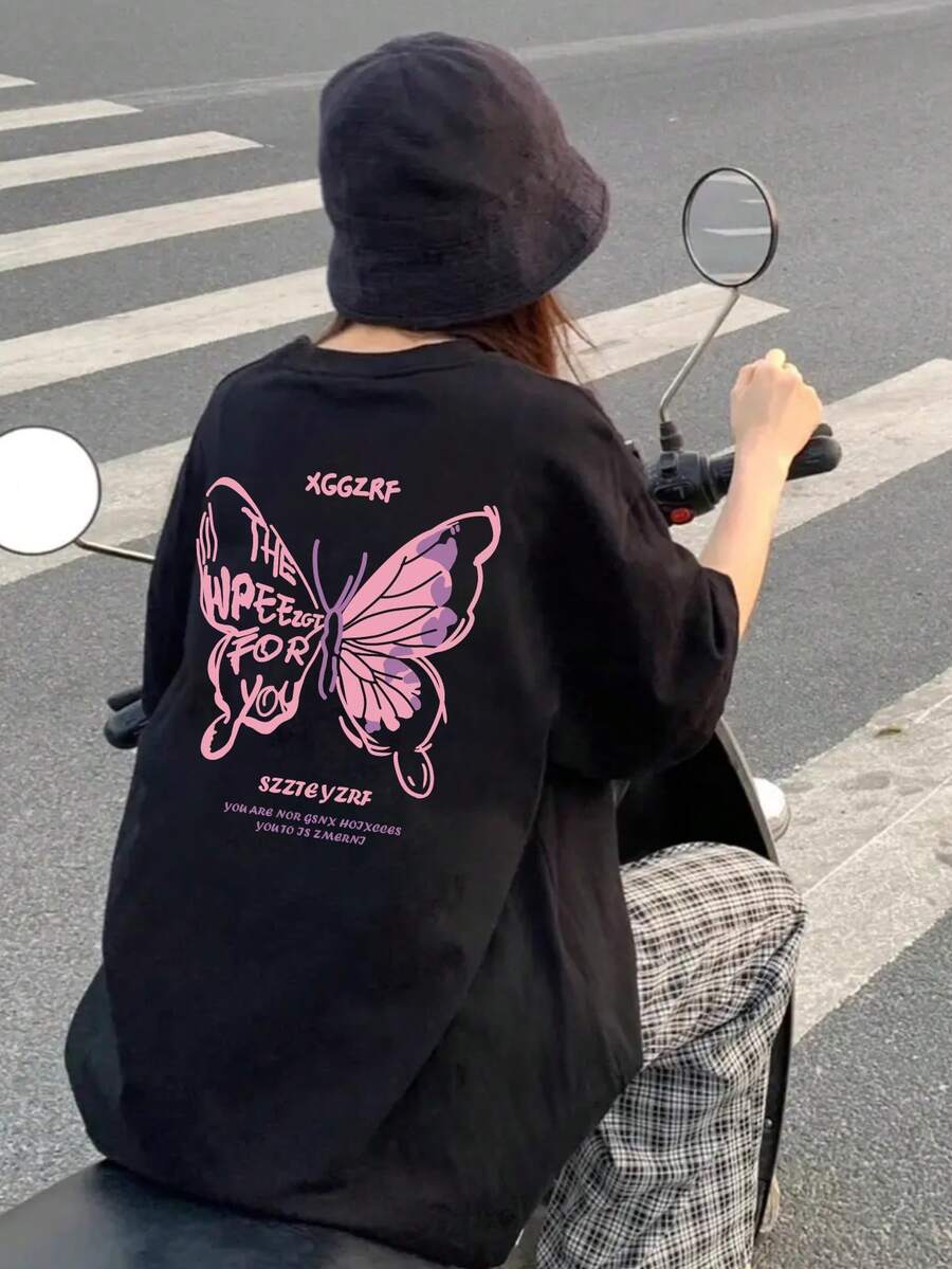 Women's Round Neck Loose Casual Japanese Letter & Butterfly Print Short Sleeve T-Shirt, Spring/Summer - Black - View 1