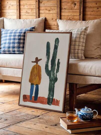 1pc, Wall Art, Vintage Poster, Bold Abstract Cowboy And Cactus Art Print, Modern Western Desert Canvas Painting, Unique And Creative Wall Aesthetic Decoration, Perfect Decoration For Bedroom And Living Room, Unframed