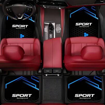4pcs Blue SPORT Geometric Print Car Floor Mats - Polyester Carpet Liners, And Practical, Ideal Gift Choice, Long-Lasting, Suitable For Trucks, Sedans, SUVs And More