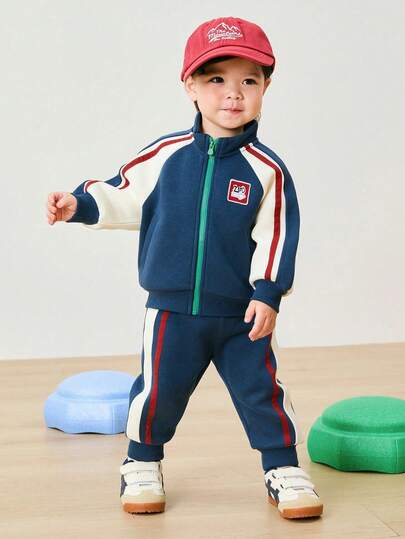mini bala Set sportivo per bambini - Giacca con chiusura lampo e pantaloni della tuta, tessuto morbido a maglia con strisce sportive