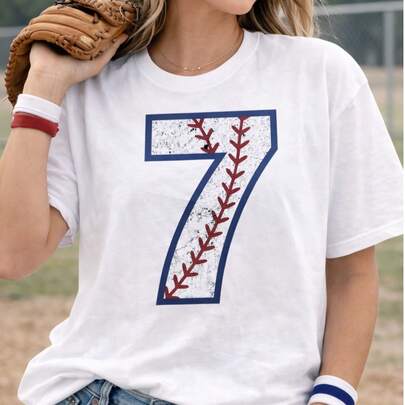 Women 100% Cotton Tshirt Baseball Number Graphic T-Shirt For Women, Vintage Sport Style Number Print Casual Short Sleeve Tee