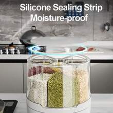 Household Rice Container, Grain Storage Box, Airtight Container, Insect-Proof And Moisture-Proof Rice Storage Box, Large Capacity 360-Degree Rotating Six-Compartment Grain Dispenser, Rice Bucket, Grain Storage Box, 6-Compartment Dispenser With Lid, Includes Measuring Cup, Suitable For Grains, Cereals, Pet Food, Millet And Flour. - White - View 3