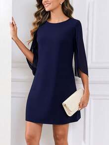Vestido casual elegante de primavera de gasa con cuello redondo, mangas con volantes, cintura alta y silueta evasé para mujer - Azul Marino - Ver 4
