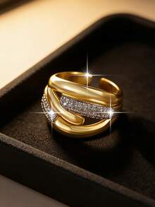 1 Peça Anel Feminino Glamoroso de Estilo do Oriente Médio com Duas Cores Geométricas e Zircônia Cúbica, Joia de Cobre para Presente de Aniversário, Aniversário de Casamento da Esposa e Festa da Mãe - Ouro amarelo - Visão 1