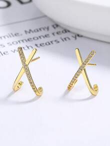 1颗S925纯银立方氧化锆X形极简奢华耳钉，适合耳垂、耳骨、耳廓及其他耳部穿孔部位。 - 單隻 - 查看 6