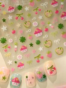 1pc Cute Mushroom Green Apple Strawberry Cartoon Jelly Fruit Star Bow Nail Art Stickers 5D Whimsical Kawaii Nail Decals Self-Adhesive Manicure Accents For Girls - Multicolor - View 10