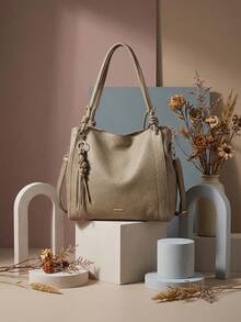Minimalist Hobo Shoulder Bag With Slouchy Knot And Tassel Detail, Large Capacity - 卡其色 - 查看 1