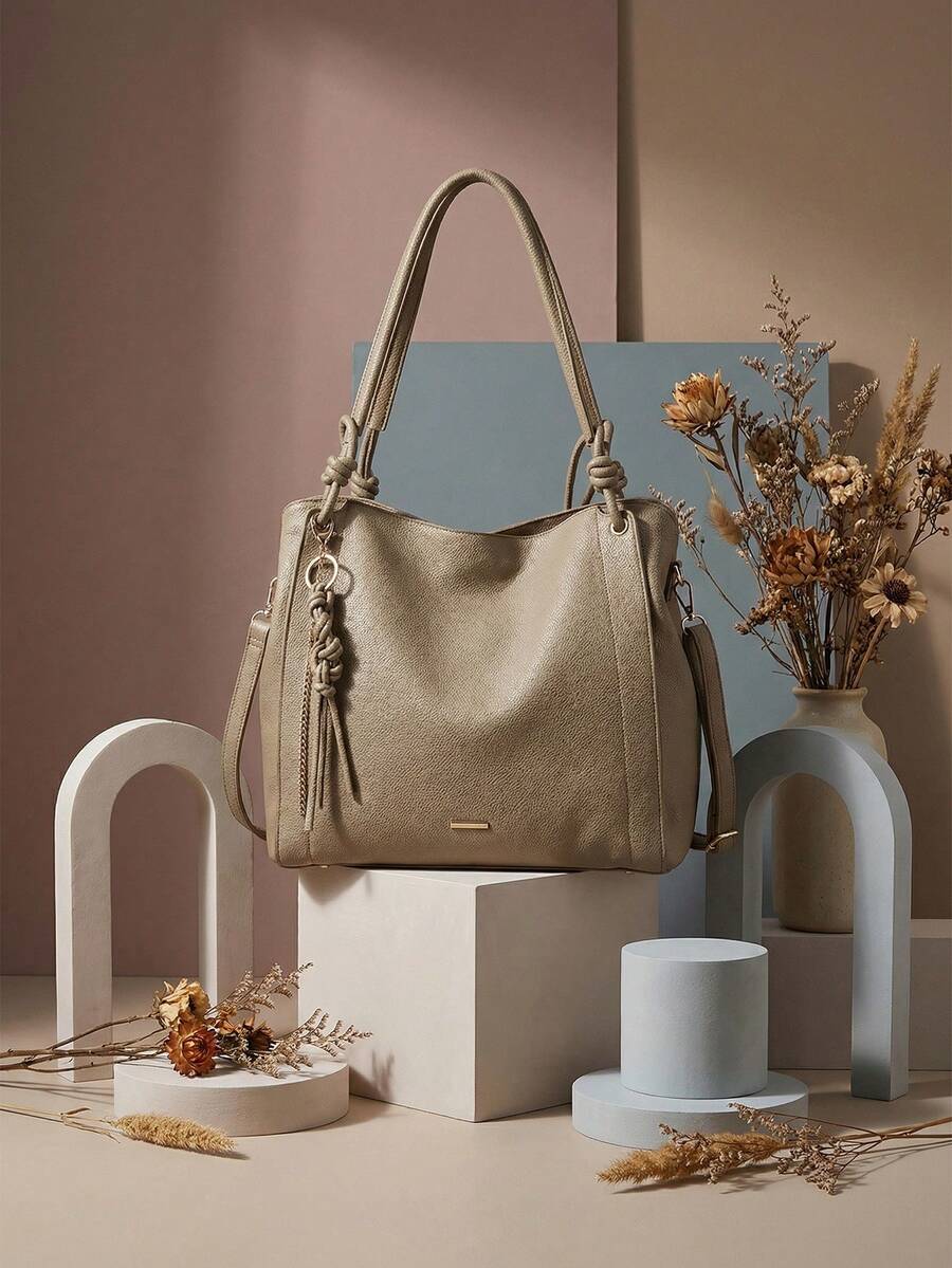 Minimalist Hobo Shoulder Bag With Slouchy Knot And Tassel Detail, Large Capacity - 卡其色 - 查看 1