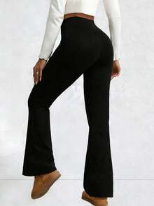 休闲时尚百搭直筒喇叭裤，春夏新品，运动瑜伽服饰，女士穿搭 - 黑色 - 查看 2