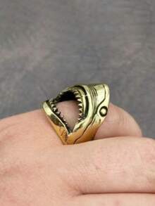 1pc Men's Fashionable Retro Personalized Hip-Hop Creative Summer Beach Shark Shaped Ring, Wedding Engagement Party Jewelry Gift - Shark - View 1