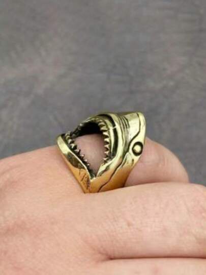 1pc Men's Fashionable Retro Personalized Hip-Hop Creative Summer Beach Shark Shaped Ring, Wedding Engagement Party Jewelry Gift